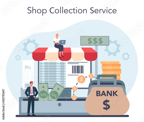 Encashment concept. Shop collecting service. Armored cash truck