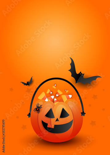 Halloween candy pumpkin bag with scary black bats on an orange background with copyspace. Creative vertical poster mockup
