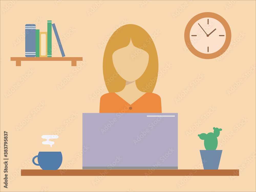 Girl in office. Computer work. Flat vector illustration.