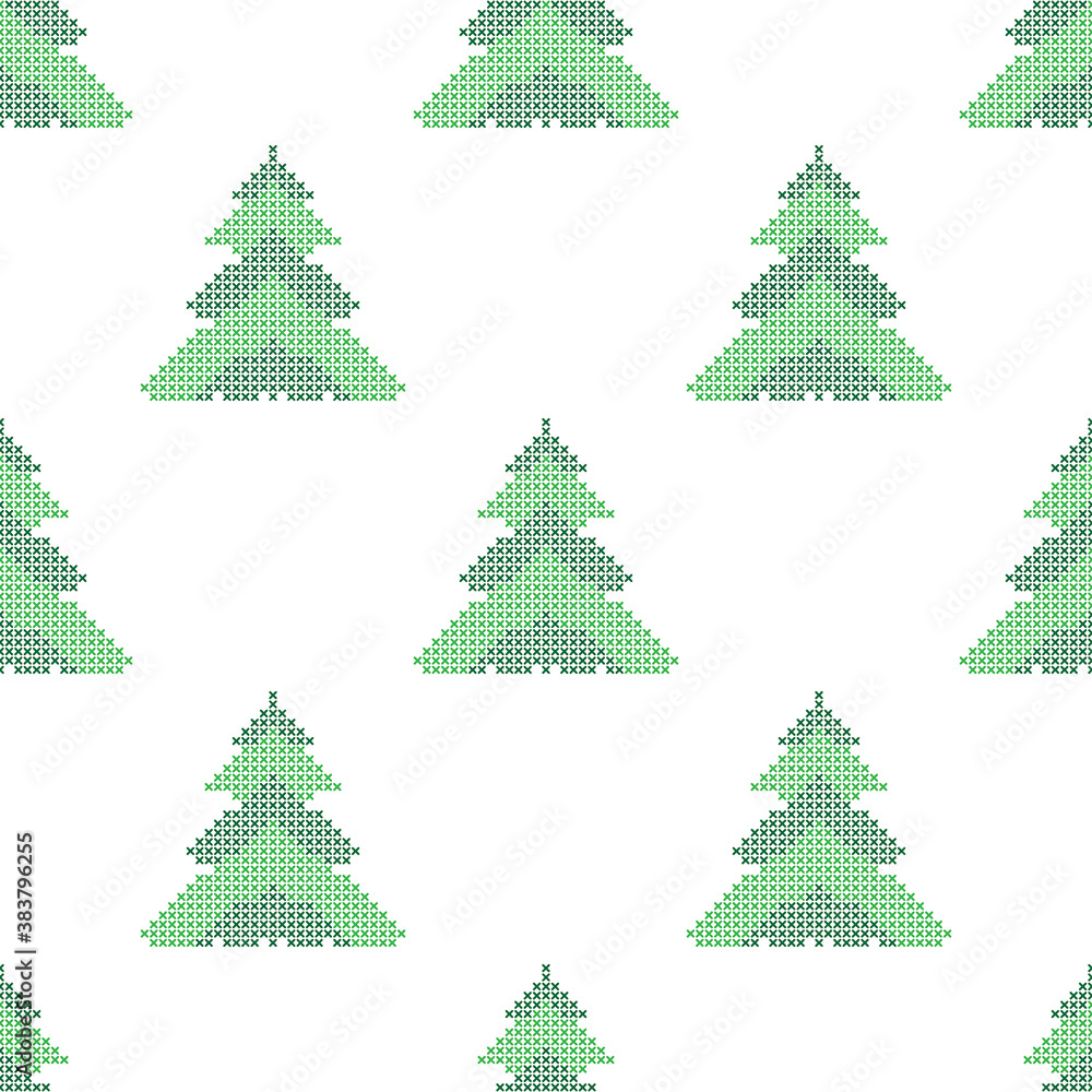 Fototapeta premium The seamless pattern with the green trees is on the white background.