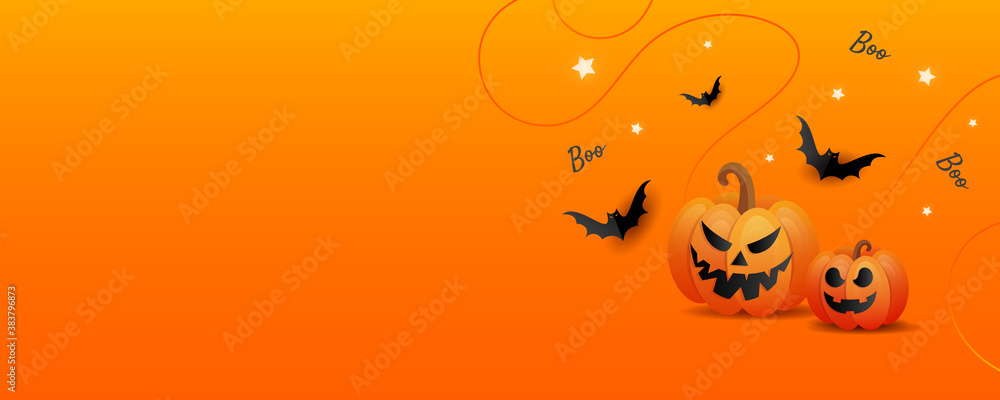 Halloween horror story. Happy halloween background template with orange trick or treat pumpkin and color candy, bats on orange background.