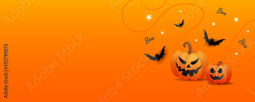 Halloween horror story. Happy halloween background template with orange trick or treat pumpkin and color candy, bats on orange background.
