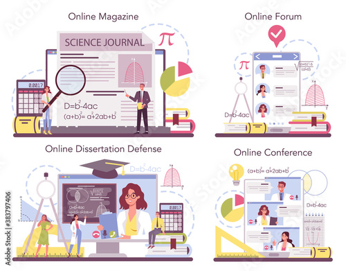 Mathematician online service or platform set. Mathematician seek