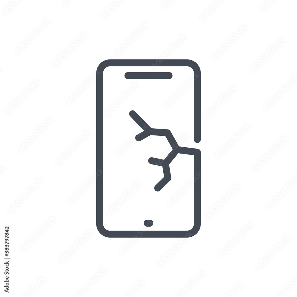 Mobile phone with broken screen line icon. Smartphone with crack on display vector outline sign. Mobile phone with broken screen line icon. Smartphone with crack on display vector outline sign.