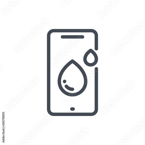 Waterproof mobile phone line icon. Smartphone with drop of water vector outline sign.