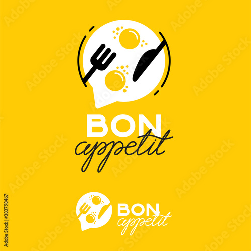 The Logo Of Bon Appetit. Logo for a cafe or restaurant. Cloud for text, fork, knife, scrambled eggs on a yellow background.