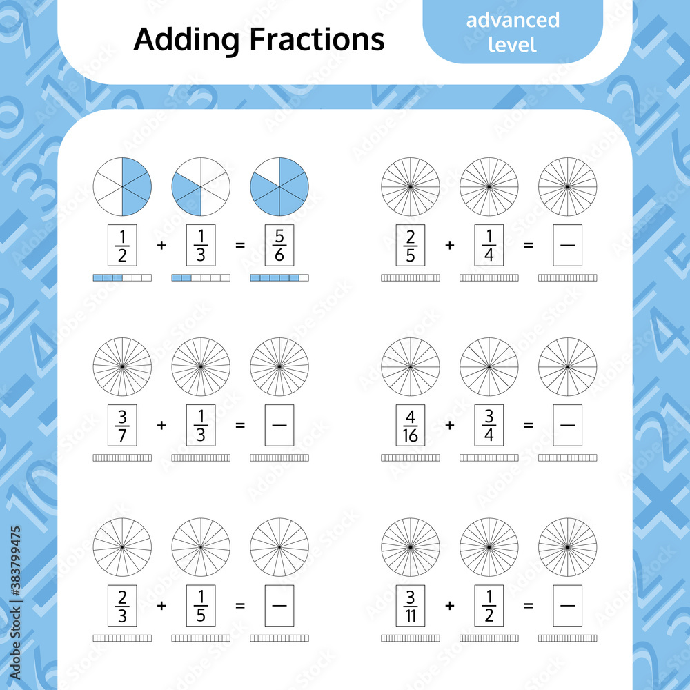 Adding Fractions Mathematical Worksheet. Coloring Book Page. Math ...