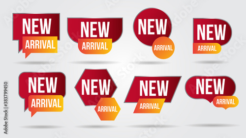 New arrival vector illustration collection labels shop products.Red promotion labels for arrivals shop section.Posters and banners sticker icons templates.