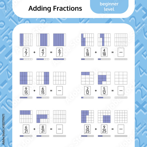 Adding Fractions Mathematical Worksheet. Squares. Coloring Book Page. Math Puzzle. Educational Game. 