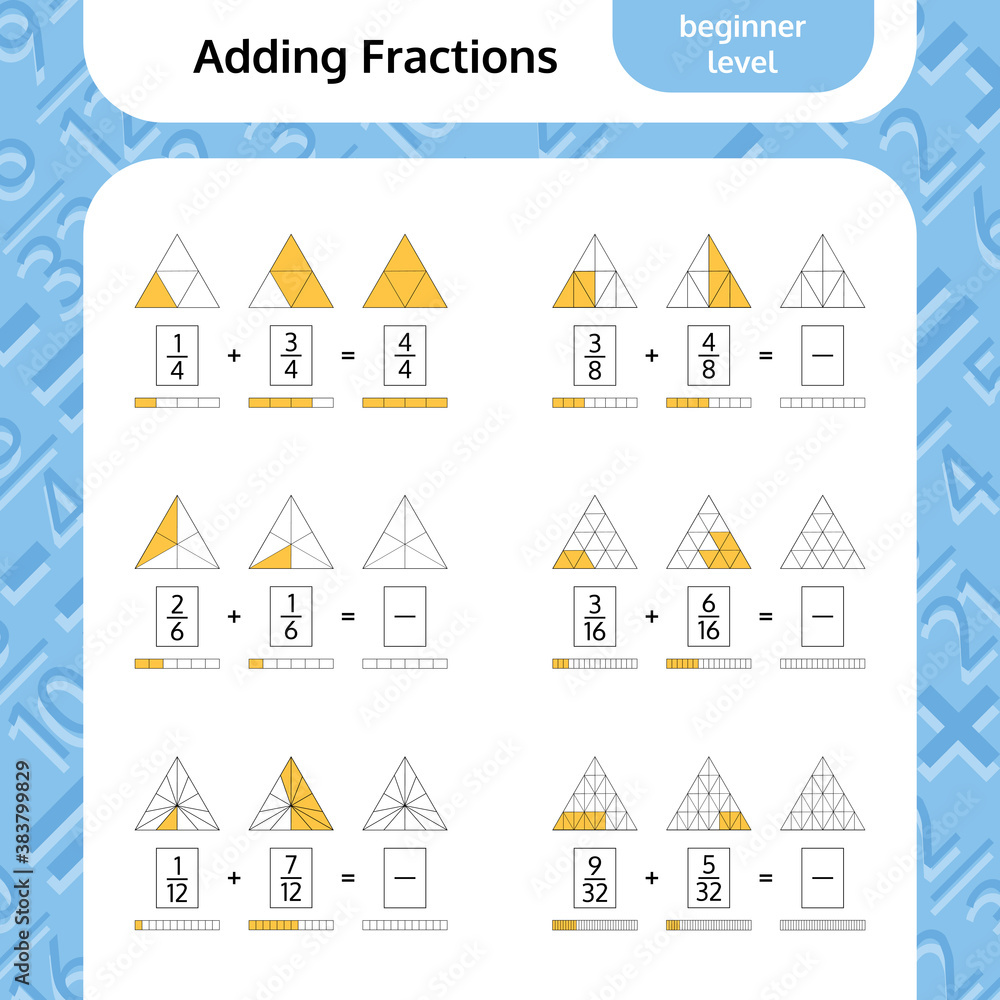 Adding Fractions Mathematical Worksheet. Triangles. Coloring Book Page. Math Puzzle. Educational Game. 