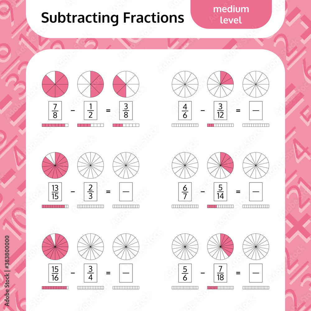 Subtracting Fractions Mathematical Worksheet. Coloring Book Page. Math Puzzle. Educational Game. 