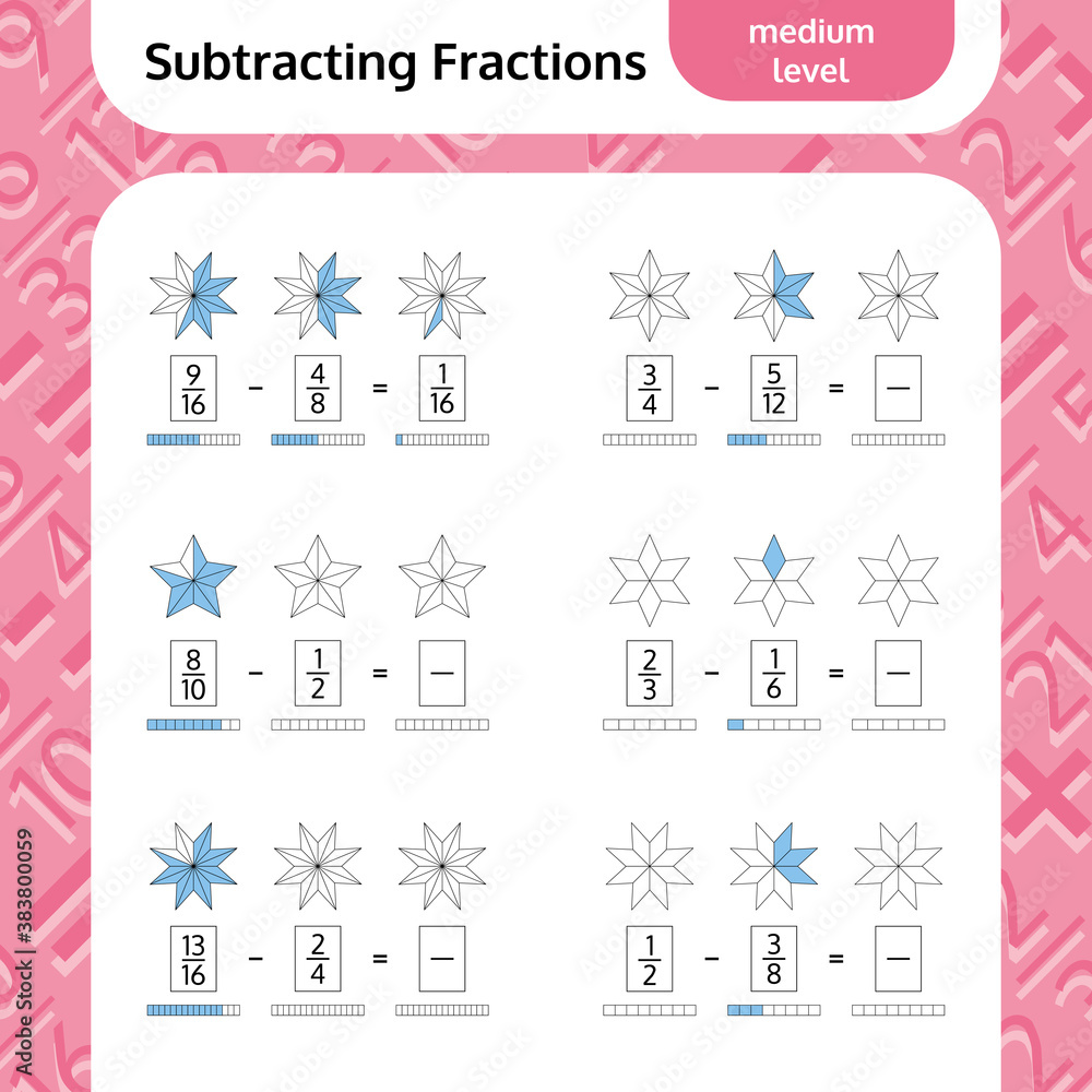 Subtracting Fractions Mathematical Worksheet. Stars. Coloring Book Page. Math Puzzle. Educational Game. 