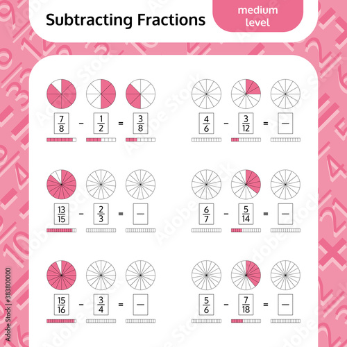 Subtracting Fractions Mathematical Worksheet. Coloring Book Page. Math Puzzle. Educational Game. 