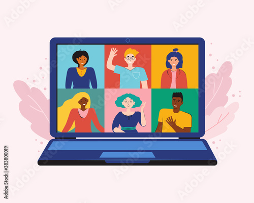 Video conference from home for meeting and work online with teleconference. Corporate video call, distant discussion. Friends talking on the laptop. People stay at home. Vector flat illustration.