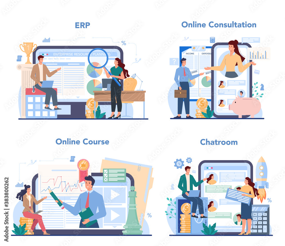 Financial advisor online service or platform set. Business character Financial advisor online service or platform set. Business character