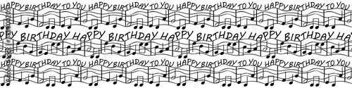 Vector birthday congratulations music border Repeat banner with musical notes, staff, crotchets, minims, treble clef. Black and white design illustration. For edging, trim, ribbon, stationery
