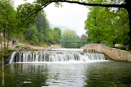 Cascade waterfall in historic city Jajce, Bosnia and Herzegovina photo