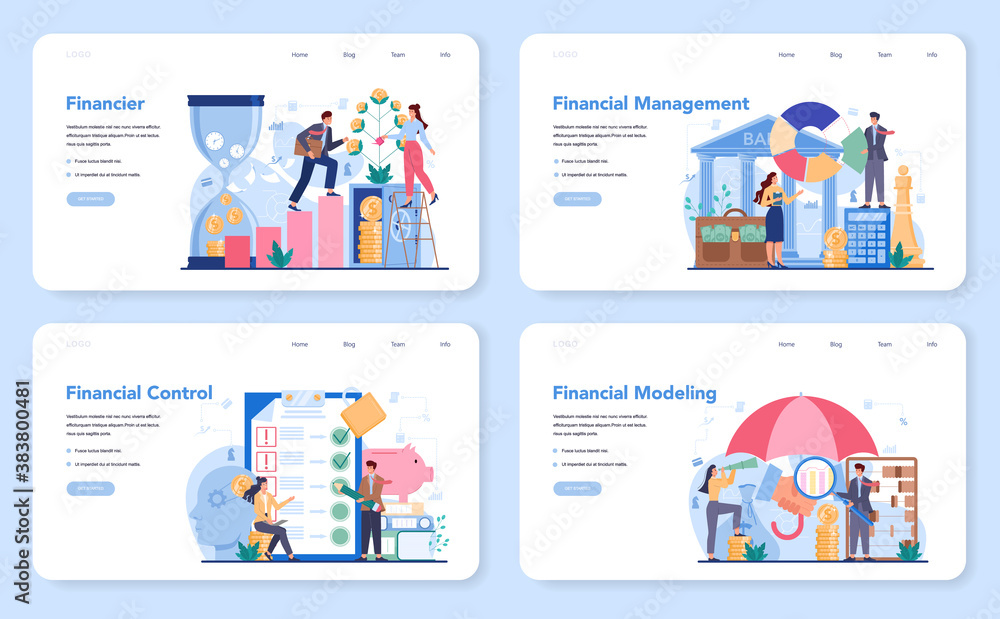 Financial advisor or financier web banner or landing page set. Financial advisor or financier web banner or landing page set.