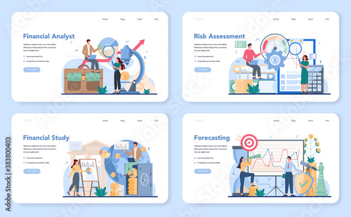 Financial analyst web banner or landing page set. Business character