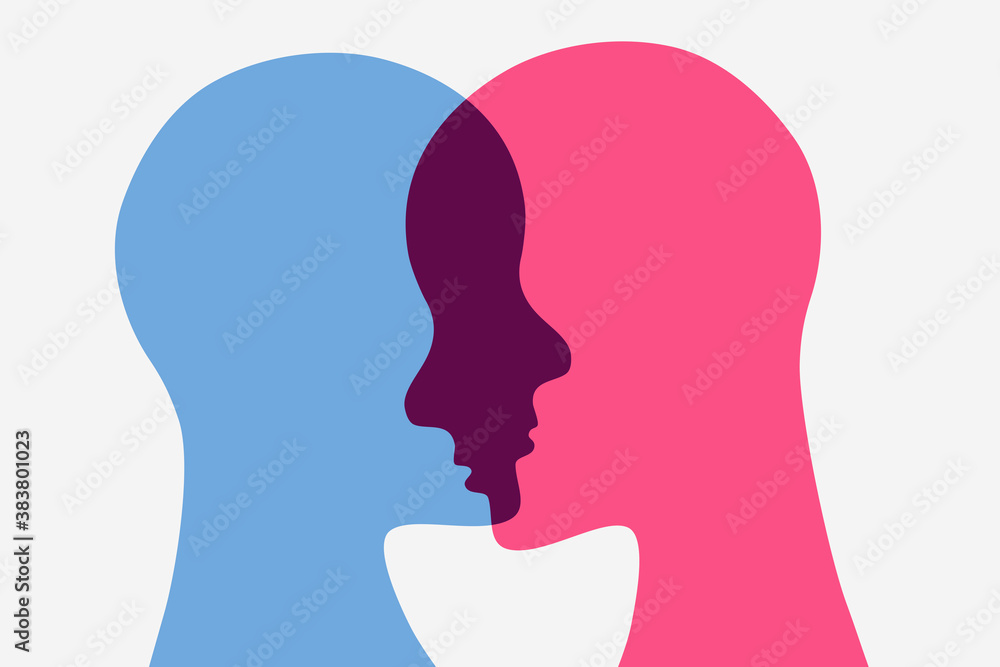 Togetherness concept illustration. Human heads intersecting each other. 