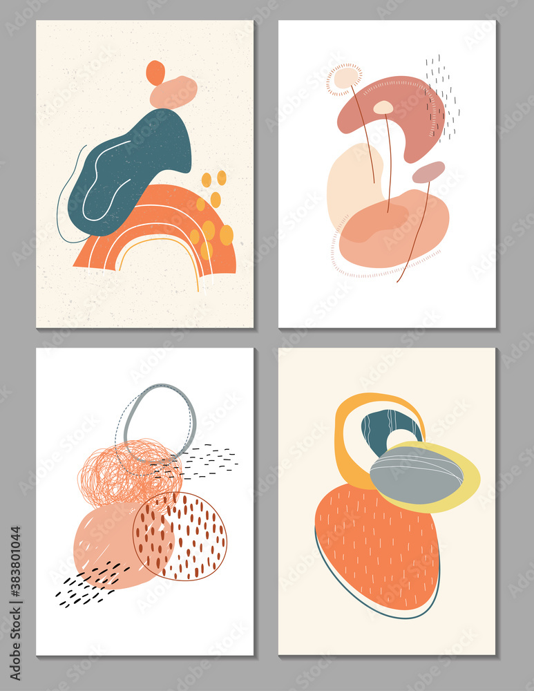Collection of contemporary art posters in pastel colors.Abstract cut geometric elements and strokes, leaves and dots.Deisgn for social media, postcards, print.Deisgn for social media, 