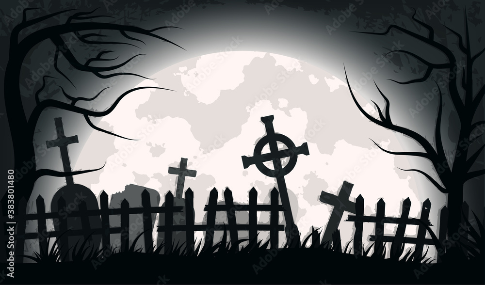 Old scary cemetery with gravestones and crosses. Special for Halloween