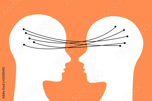  Human heads connected trough wires. Mind reading concept. Flat design illustration.