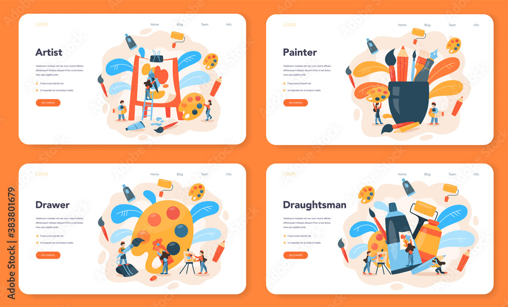 Artist web banner or landing page set. Idea of creative people and profession.