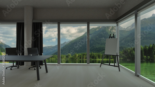 Stylish office room with blurred mountains nature view in windows, photorealistic 3D Illustration of the interior, suitable for using in  video conference and as a zoom background.