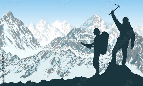 vector couple of travellers in mountains
