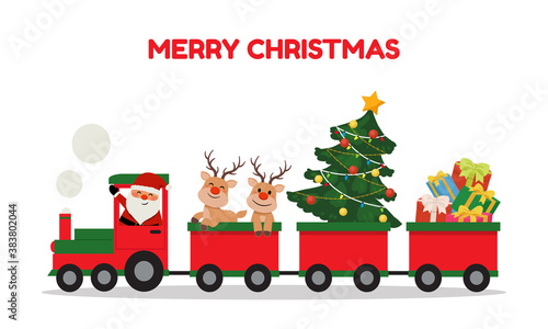 Cute santa and reindeer riding Christmas train. Winter holiday clip art. Train carrying presents and christmas tree.  Flat vector cartoon style isolated on white background.