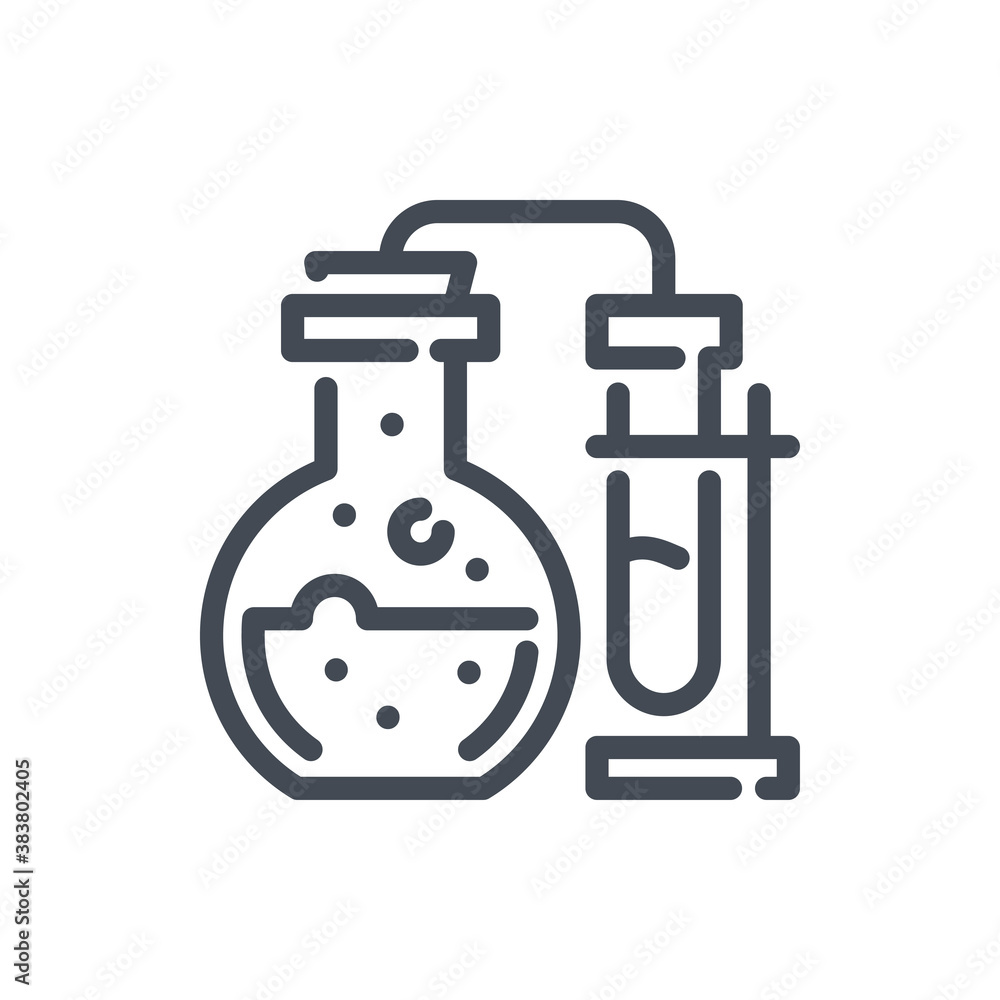 Science experiment with laboratory glassware line icon. Chemical glass bottle with test tube vector outline sign. Science experiment with laboratory glassware line icon. Chemical glass bottle with test tube vector outline sign.