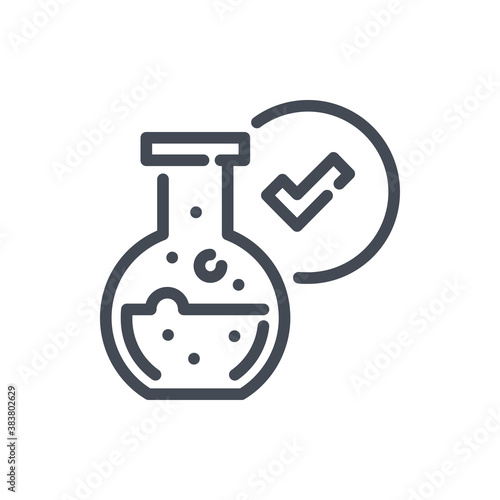 Lab glass bottle with positive result line icon. Science glassware with liquid and check mark vector outline sign.