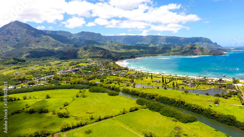 Aerial Hanalei Bay is the largest bay on the north shore of Kauaʻi island in Hawaii. The town of Hanalei is at the midpoint of the bay. photo