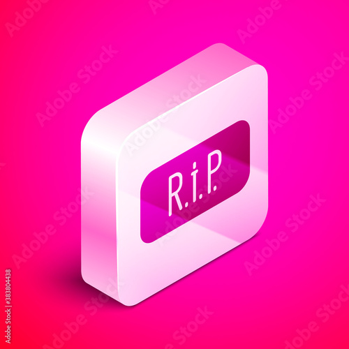 Isometric Speech bubble rip death icon isolated on pink background. Silver square button. Vector.