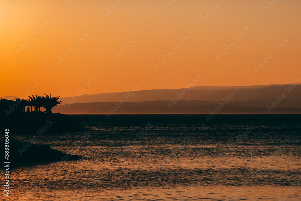 Amazing sunset seascape. Palm trees and orange sky. Brela Croatia, Makarska riviera