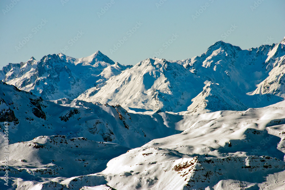 French Alps from Mont Vallon in Meribel Mottaret Les Trois Vallees 3 Valleys ski area France