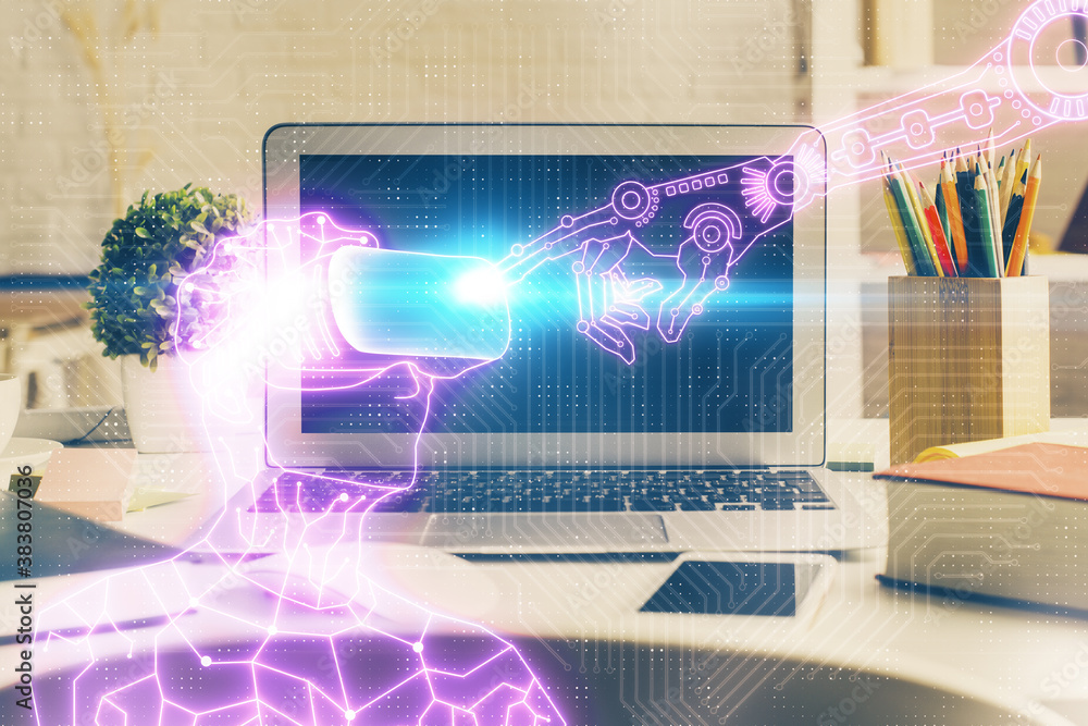 Computer on desktop with AR theme icon. Multi exposure. Concept of augmented reality. Computer on desktop with AR theme icon. Multi exposure. Concept of augmented reality.