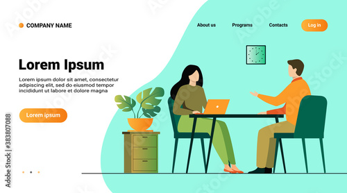 Job interview conversation. HR manager and employee candidate meeting and talking. Man and woman sitting at table and discussing career. Business or human resource concept