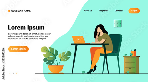 Cartoon exhausted woman sitting and table and working isolated flat vector illustration. Tired businesswoman with professional burnout syndrome. Tiredness and trouble concept