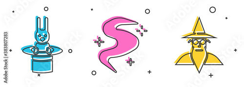 Set Magician hat and rabbit, Magic fog or smoke and Wizard warlock icon. Vector.