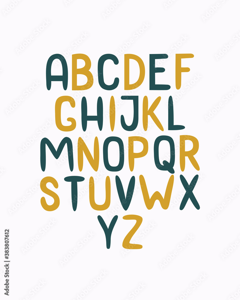 Modern abstract hand drawn alphabet in flat colorful style. Trendy vector design isolated on a white background. Cute abc design for book cover, poster, card, print on baby's clothes, textile