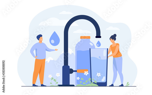 Pure fresh water concept. Tiny woman pouring clean water from faucet with mountain landscape in background. Vector illustration for natural drink, healthy environment concept