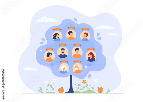 Family tree concept. Scheme of ancestry with three generations, relatives connection data. Flat vector illustration for heritage, genealogy, family history concept
