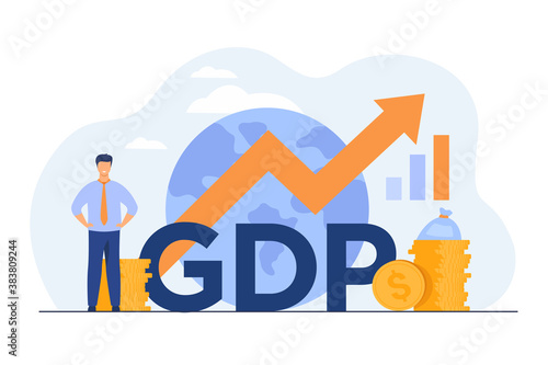 Gross domestic product concept. Growth arrow chart with globe, stacks of money, happy tiny professional. Flat illustration for national economy, monetary policy, global finance topics