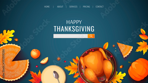 Web bage design for Happy Thanksgiving banner with baked turkey, autumn leaves, pumpkin pie, apples on the blue background. Vector illustration for banner, poster, website.