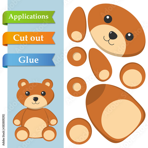 Create paper application the cartoon fun Bear. Use scissors cut parts of Bear and glue on the paper. Education logic game for preschool kids to help with cutting, sticking and learning about animals.