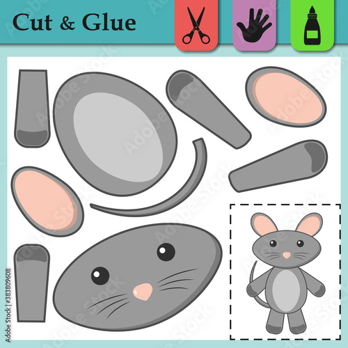 Paper game for kids. Create the applique cute Mouse. Cut and glue. Funny Rat. Education logic game for preschool kids. Worksheet activity perfect for scissor practice, fine motor and cutting skills.