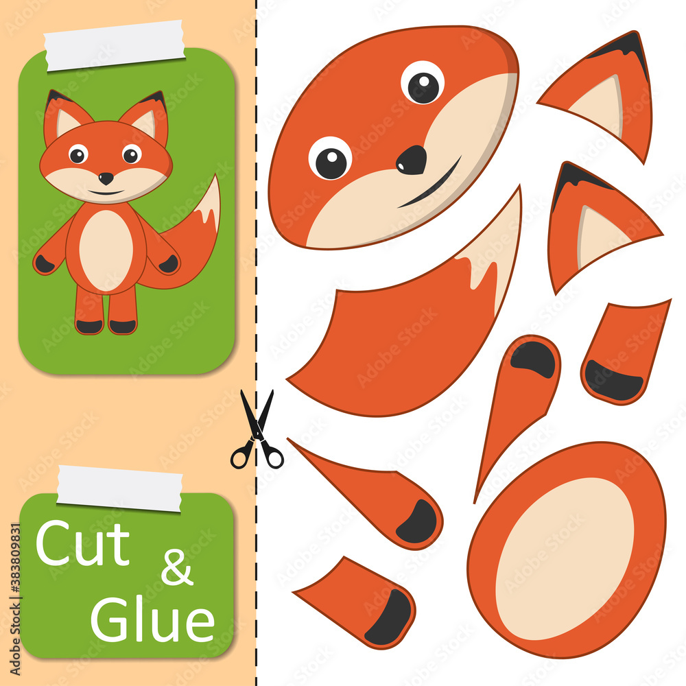 Cut and glue the paper Fox. Create application the cartoon funny fox.  Education riddle entertainment and amusement for children. Kids logic game  and activities jigsaw. Preschool worksheet activity. Stock Vector | Adobe