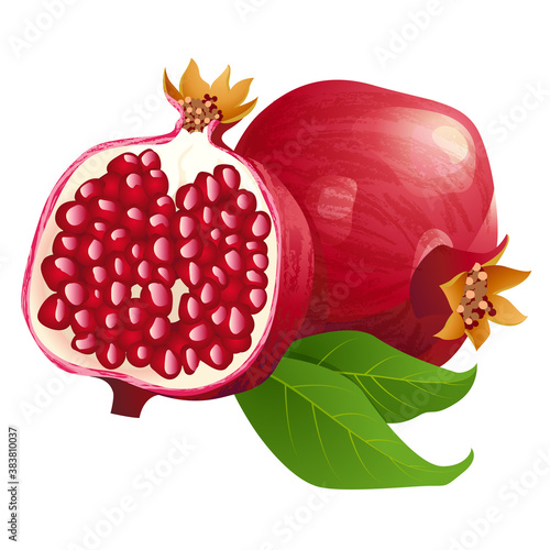 Ripe pomegranates with leaves isolated on a white background